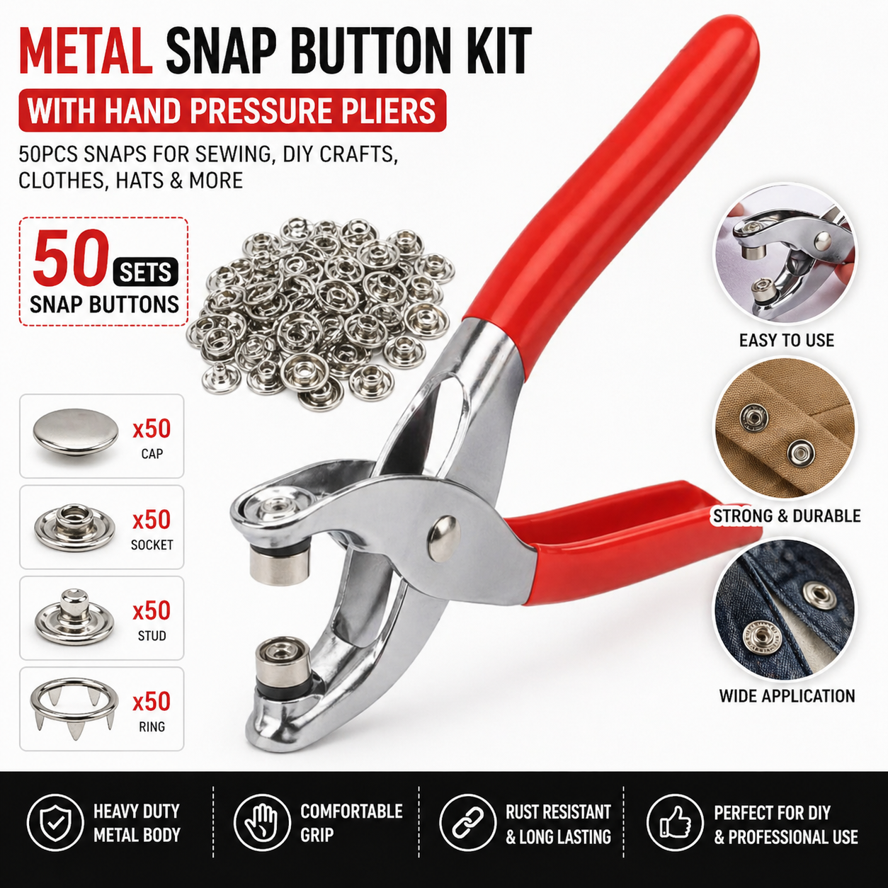 Metal Snap Button Kit with Hand Press Pliers – 50PCS Snap Fasteners for Sewing, DIY Crafts, Clothes & Hats